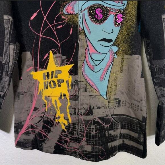 Crystal Rock Jacket XS Y2K Hip Hop Rhinestone Hoodie Christian Audigier A117 - Picture 4 of 8